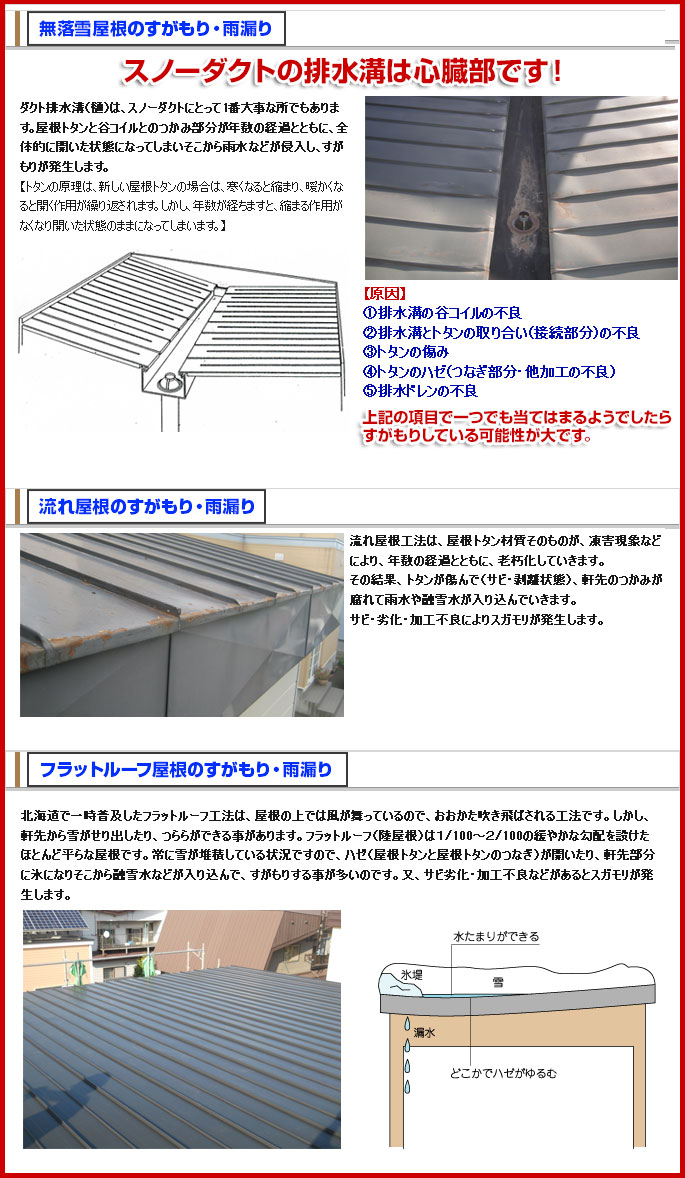 無落雪屋根・流れ屋根・無落雪用フラットルーフ屋根・すがもり・雨漏り